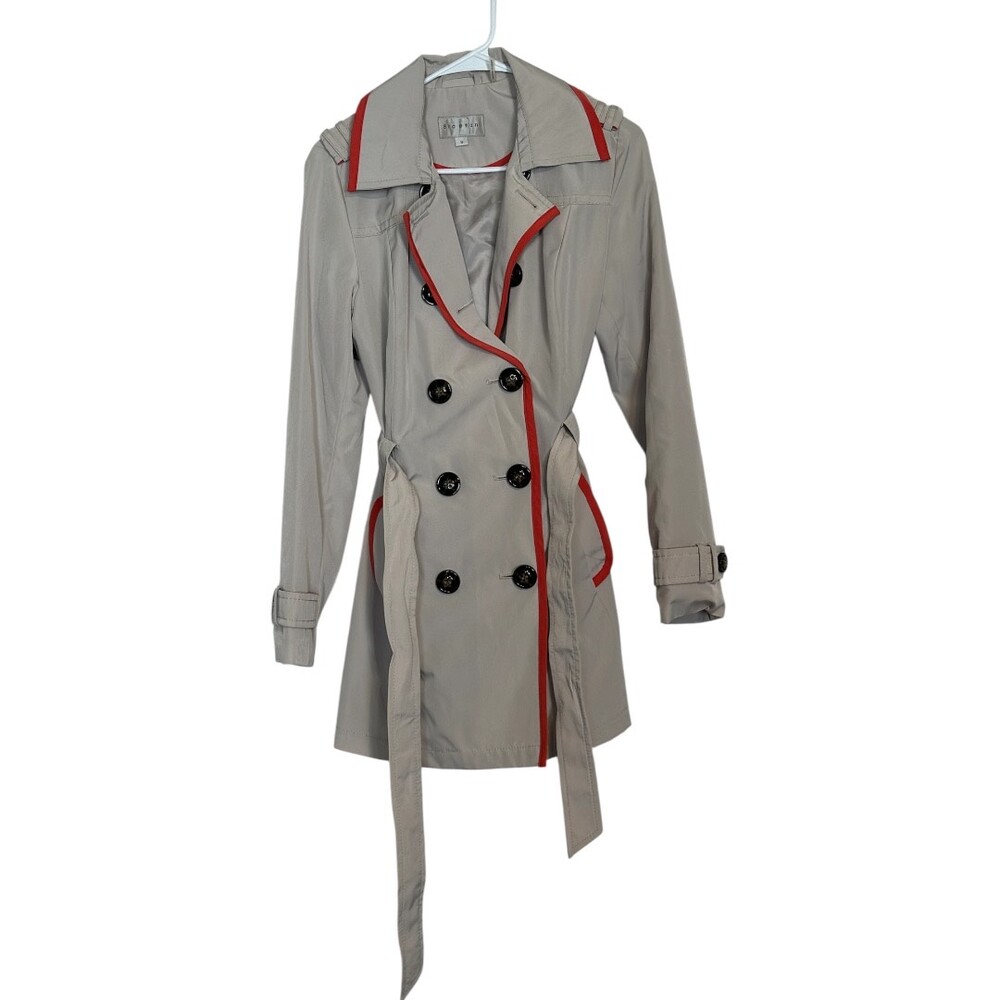 Braetan Gray Trench Coat Red Trim Belted Double Breasted Women’s Small - Picture 3 of 15